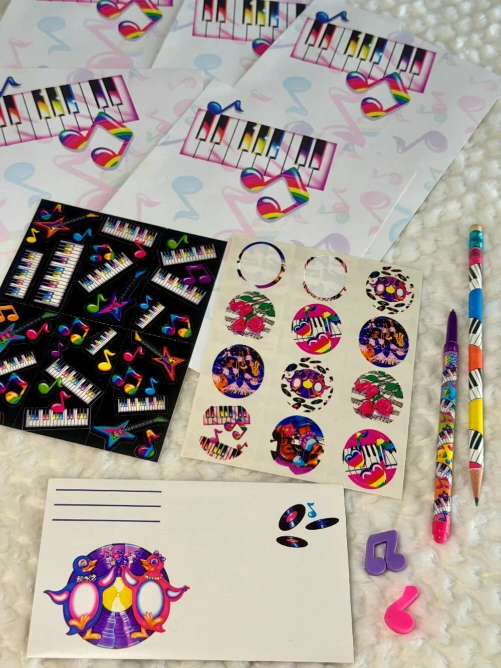 Vintage Lisa Frank Piano Music Notes Stationary Set -Pen still writes! Purple In